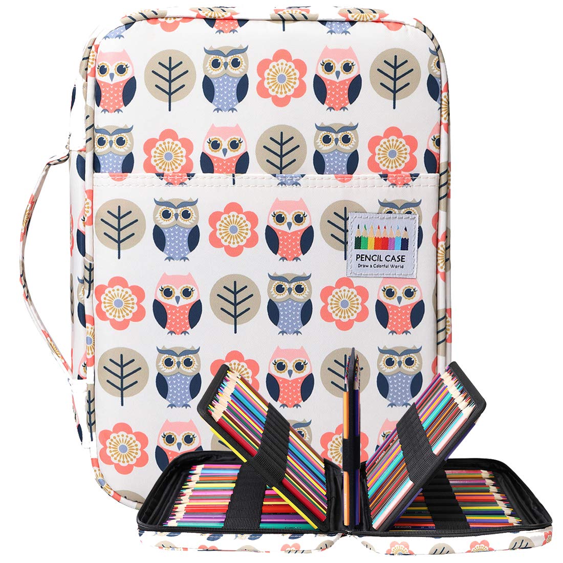 BOMKEE Drawing Pencil Case 220 Slots Colored Pen Organizer Bag Portable Handy Painting Storage Stationery Pouch Waterproof Multilayer Pens Watercolor Pencils Holder for Adults(Cartoon Owl)
