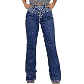 Flamingals Straight Leg Mid Rise Wash Stitch Detail Jeans for Women Casual Denim Pants with Pockets