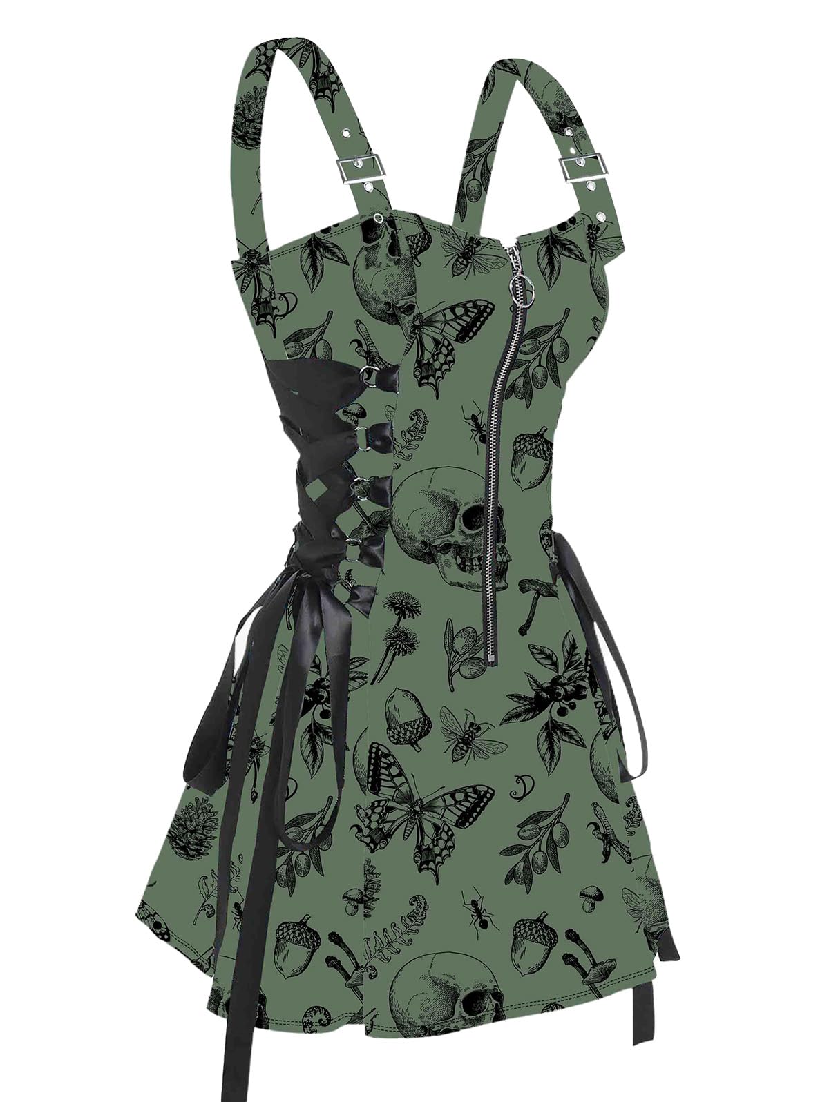 Photo 1 of DRESSFO Women’s Gothic Buckle Strap Mini Dress – Lace Up Zipper Dress in Skull Animal Plant Print (Deep Green/Medium)