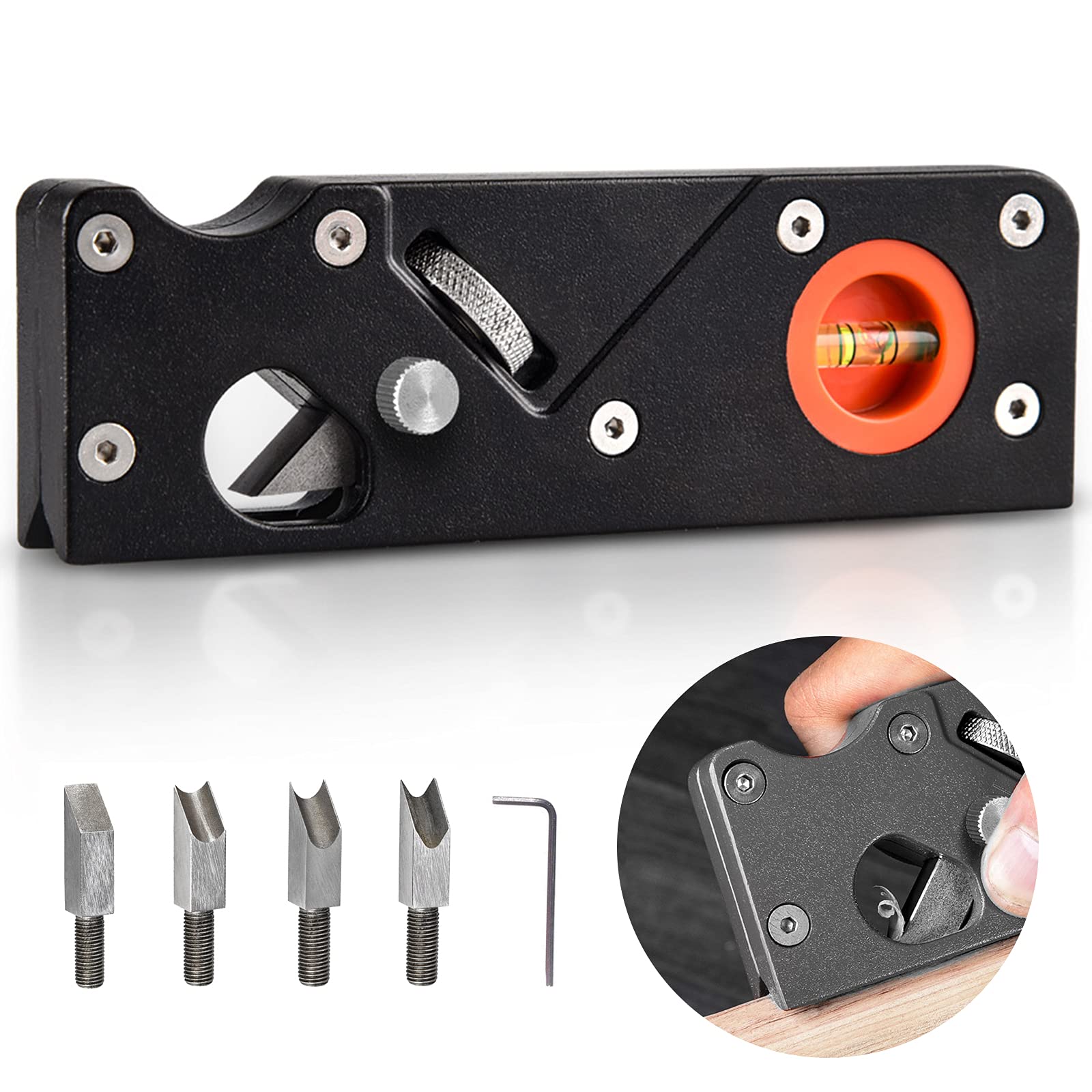 Chamfer Planer, 45° Woodworking Edge Corner Flattening Tool Bevel Edge Corner Plane Hand Manual Chamfering Trimming Planer with 4 Cutter Heads for Quick Edge Trimming of Wood Black