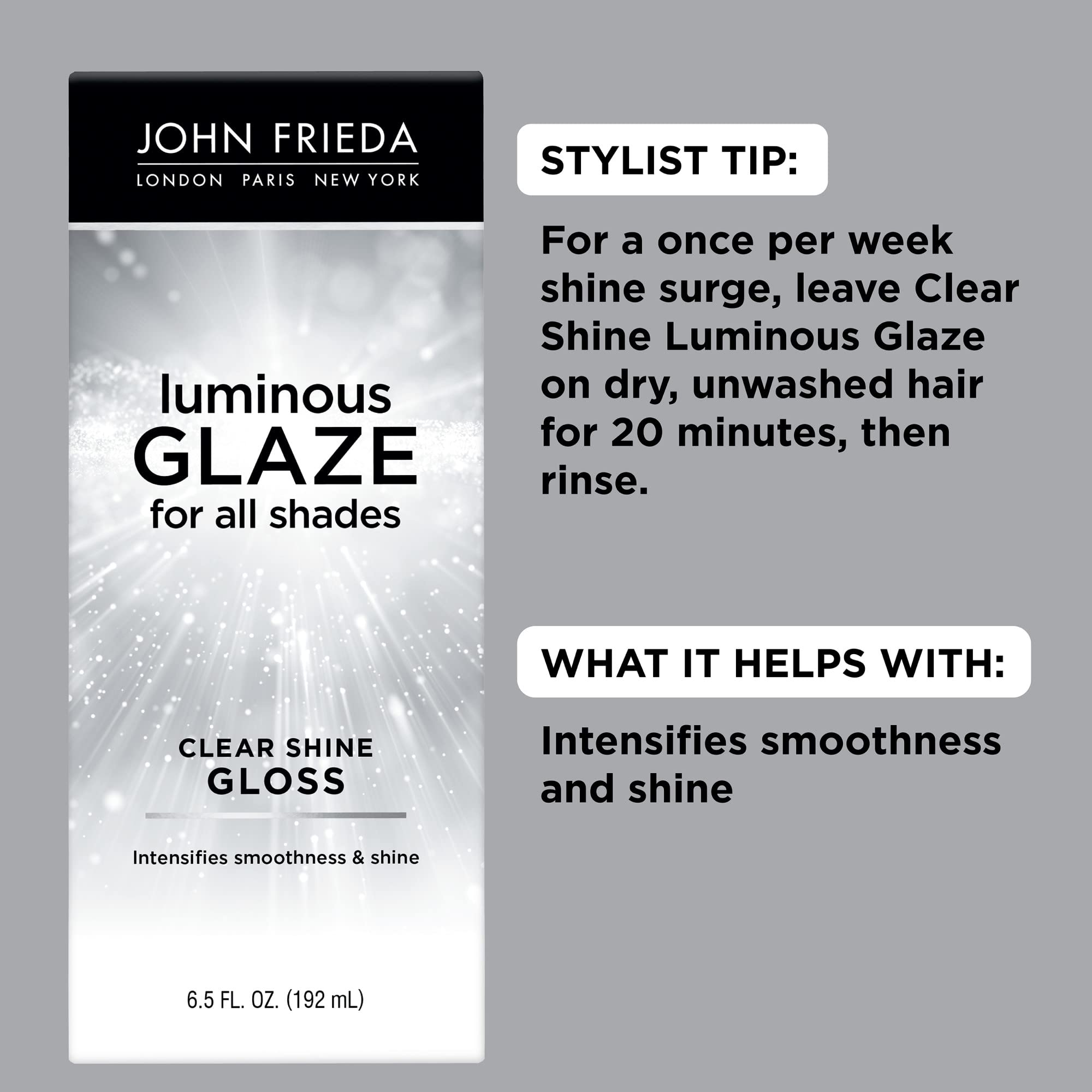 John Frieda Luminous Glaze Clear Shine Hair Gloss, Enhances Color and Adds Gloss for a Reflective Sheen on Color-Treated or Natural Hair, 6.5 Oz, Pack of 2