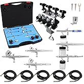 OPHIR 6 Pieces Dual Action Airbrush Gun Kit,Airbrush Set with Air Brush Stand Holds Up to 4 Airbrushes, 0.2mm 0.3mm 0.35mm 0.5mm Air Brush Kit with 5 Air Hoses for Model Hobby Cake Face Painting