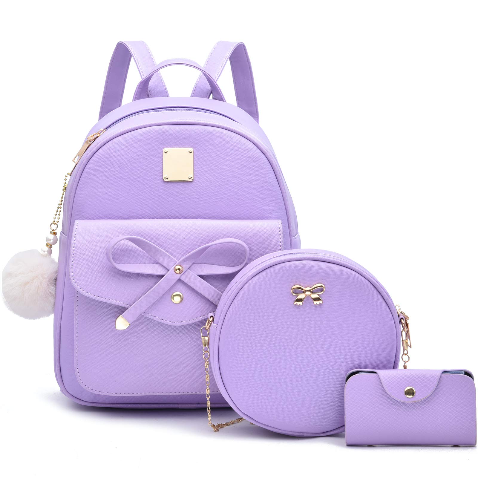 Photo 1 of I IHAYNER Girls Bowknot 3-Pieces Fahsion Leather Backpack Backpack Purse for Women Rucksack for Ladies Shoulder Bag Purple