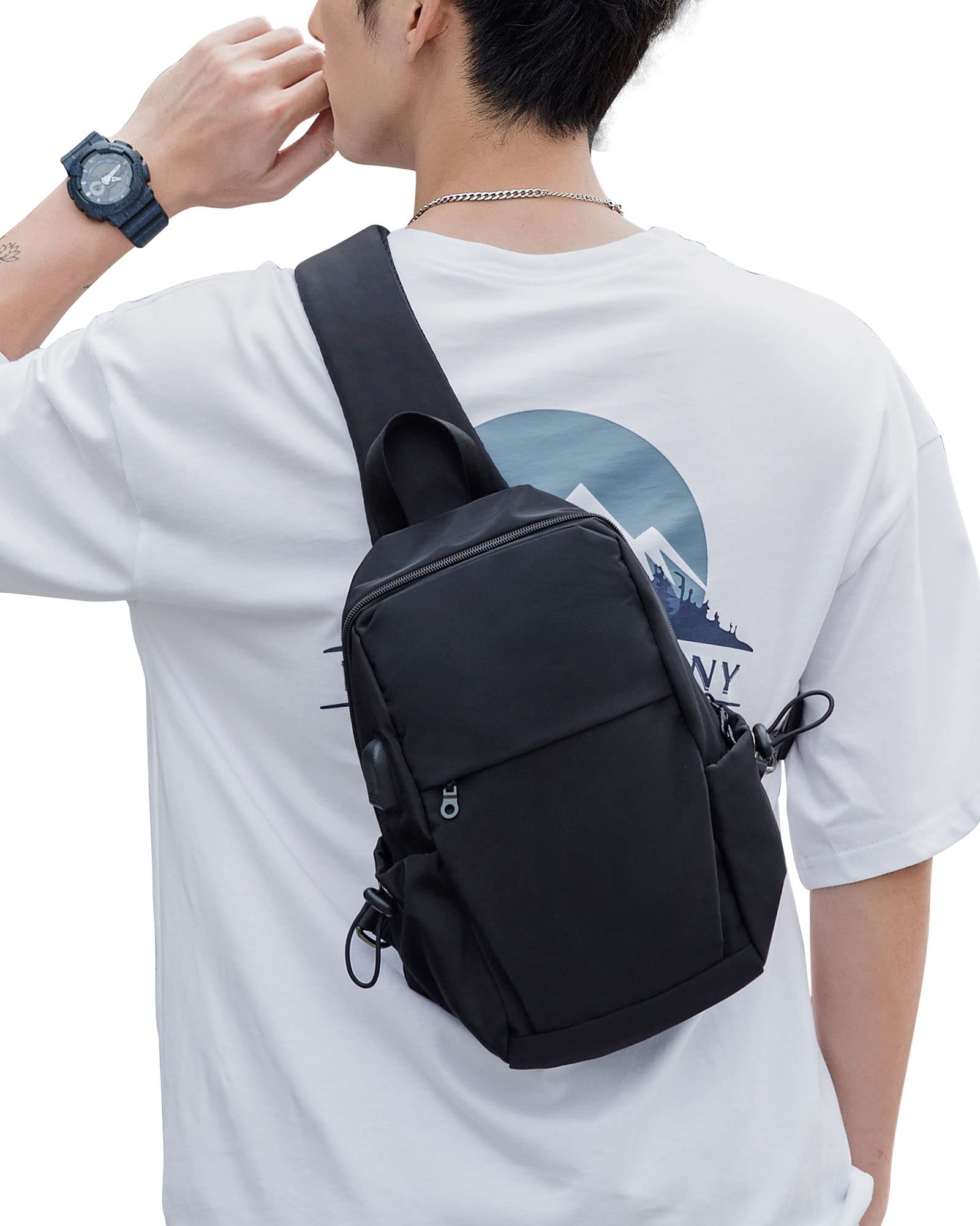Small Black Sling Crossbody Backpack Shoulder Bag for Men Women, Lightweight One Strap Back Pack Sling Bag Backpack for Hiking Walking Biking Travel Cycling USB Charger Port-Nylon