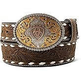 ARIAT Men's Leather Belt with Floral Embossing and Oval Multi Finish Buckle