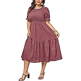 SCOMCHIC Womens Plus Size Summer Dresses 2025 Casual Puff Short Sleeve Crewneck Smocked Flowy Ruffle Boho Party Maxi Dress