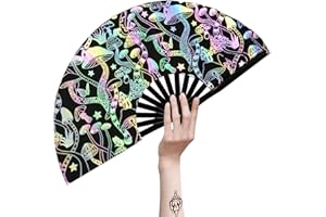 BEIFIN Reflective Foldable Rave Hand Fan for Women Men Large Glow in the Dark Folding Hand Fan for Music Festival Mushroom Party Decorations Dance Performance Holographic Bamboo Hand Fan Rave Accessories