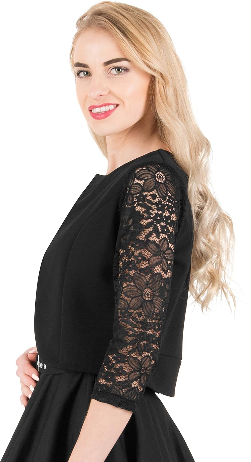 BlackButterfly Cropped 3//4 Lace Sleeve Open Bolero Evening Blouse