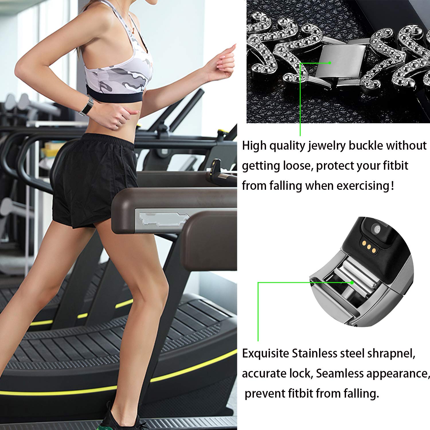 Kaleidoc Bands Compatible Fitbit Charge 2 - Metal Replacement Wristband with Premium Rhinestone Crystals, Adjustable Classy Bracelet Strap Compatible Fitbit Charge 2 Bands