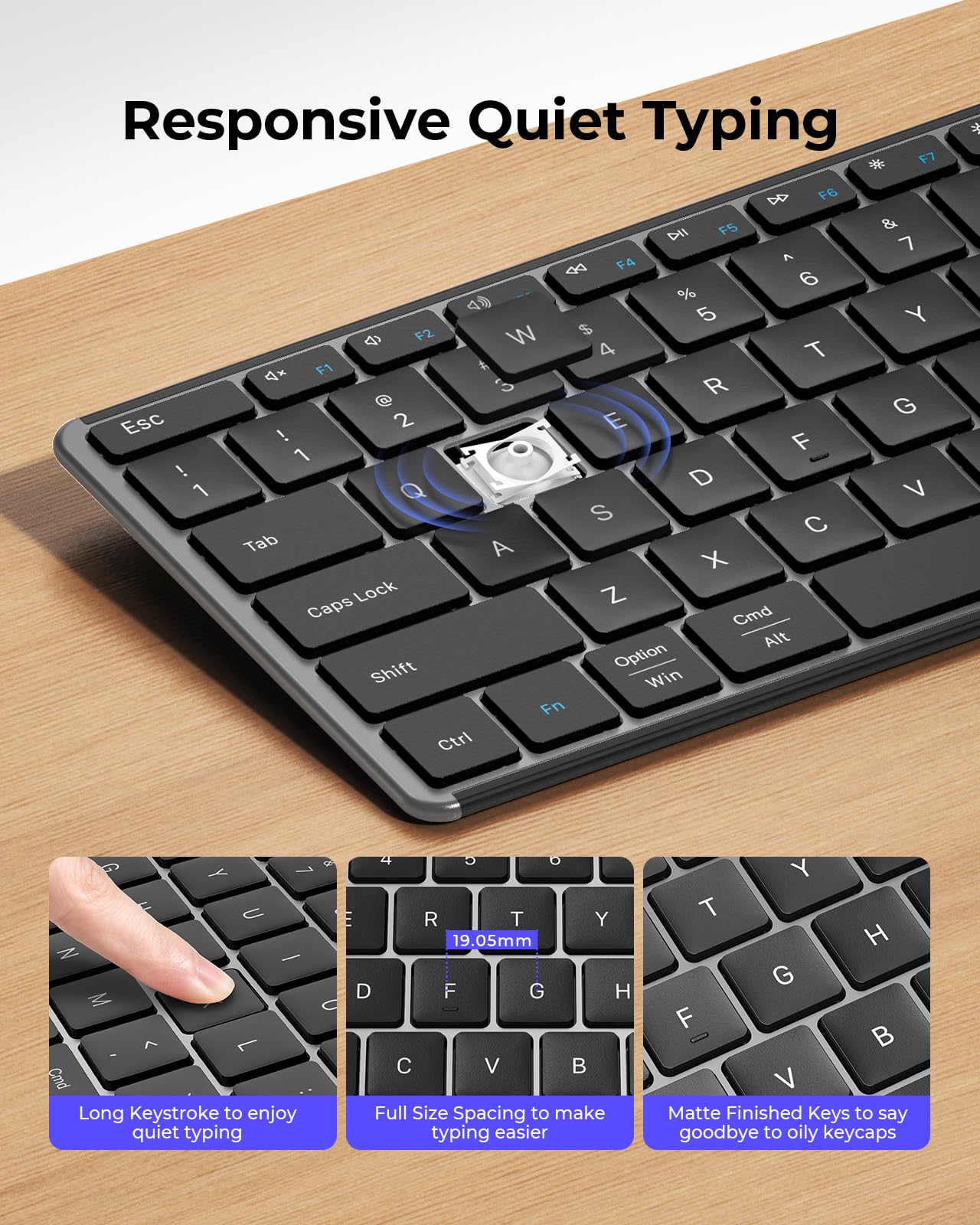 seenda Wireless Bluetooth Keyboard and Mouse Combo (USB + Dual BT), SKM64-3 Multi-Device Rechargeable Slim Keyboard and Mouse, Compatible for Win 7/8/10, MacBook Pro/Air, iPad, Tablet - Black Gray