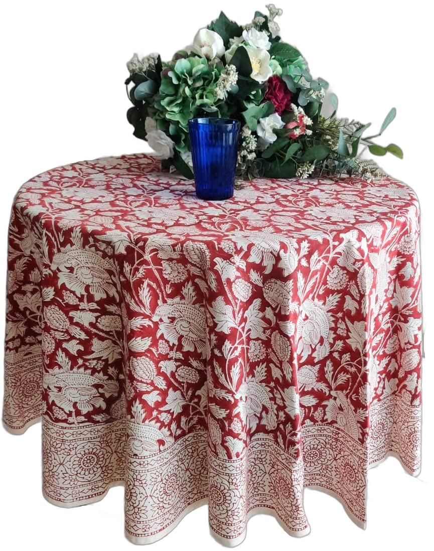 Photo 1 of ATOSII Meraki Red 100% Cotton Round Tablecloth, Handblock Print Floral Table Cloth for Kitchen Dining Linen I Parties, Weddings, Outdoors I 90" Inches Round