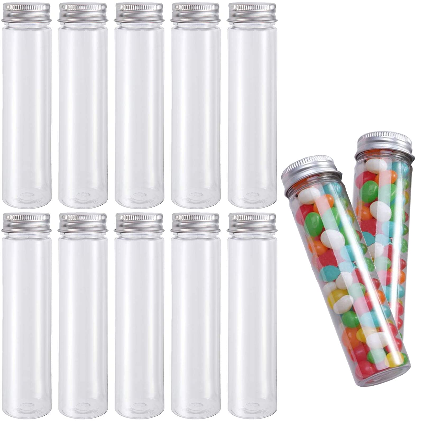 Pack of 10 Clear Plastic Test Tubes Flat Plastic Clear Test Tubes for Flowers with Screw Cap, for Storing Sweets, Flowers, Home Accessories (110 ml)