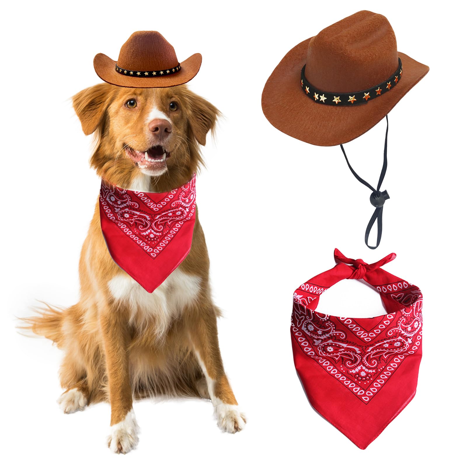 AWOCAN Dog and Cat Cowboy Hat with Bandana Scarf - Mini Pet Costume for Halloween, Holiday, Party Decoration (Brown, Large)
