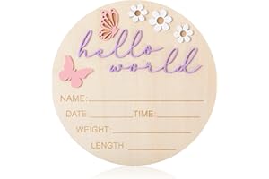 AJCOTAHM Hello World Newborn Sign, 5.9 Inch Wooden Baby Announcement Sign Pink Butterfly Style Birth Welcome Board for Newborn Boys Girls Photo Props Baby Shower Hospital Nursery (Purple)
