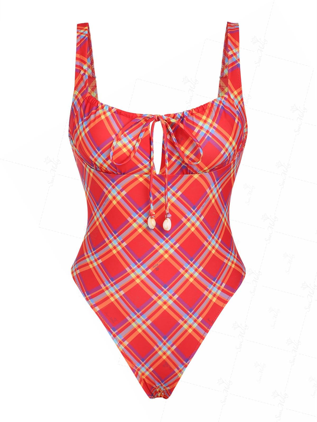 Photo 1 of seamoly Red Gingham Tied Front Shell Decor One-Piece Swimsuit, Red, XS