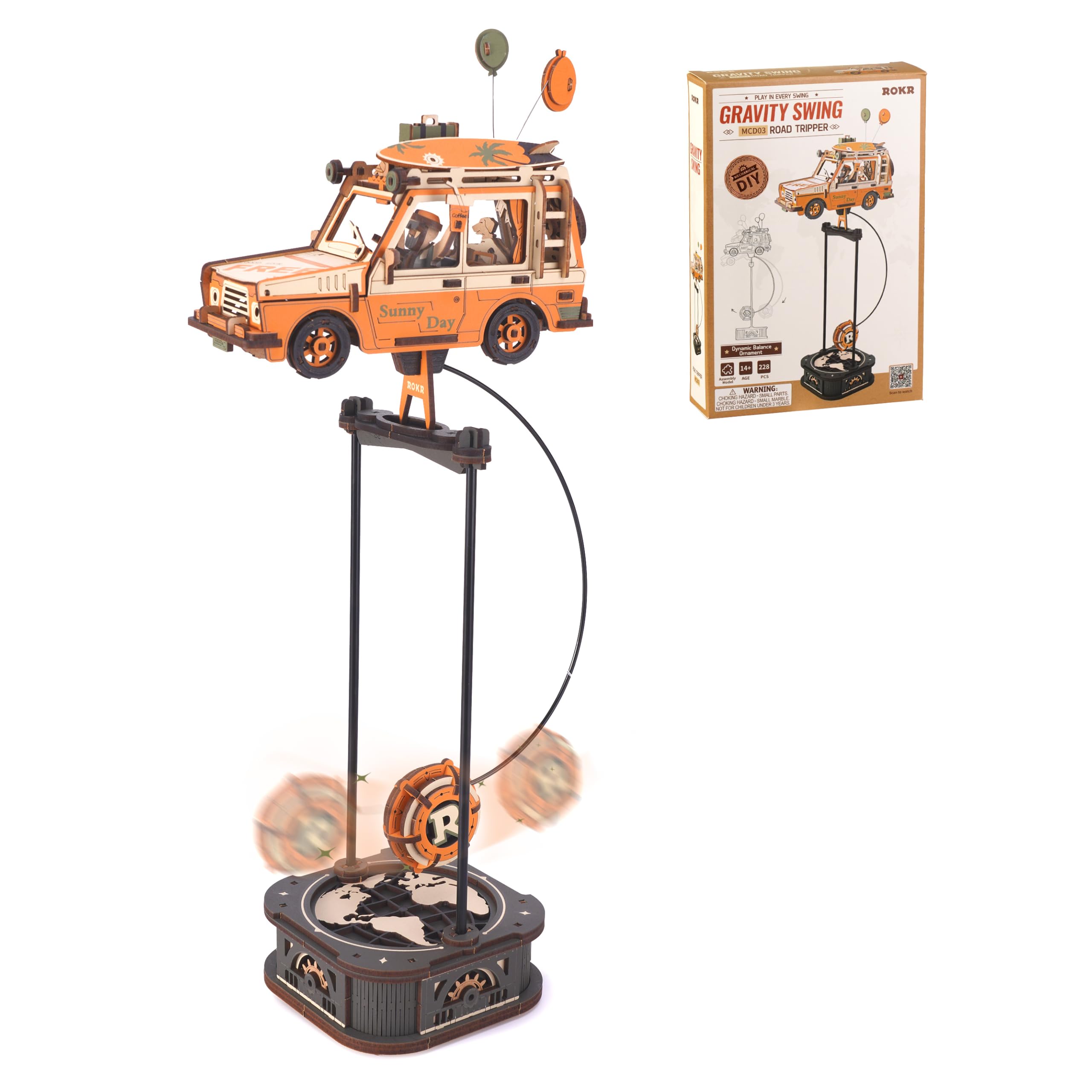ROKR 3D Wooden Puzzle Retro Car Model Kits Gravity Swing Series Desktop Decorative Dynamic Balance Ornament for Adult Model Building Kits Birthday Gifts for Teens and Adults, Road Tripper, MCD03