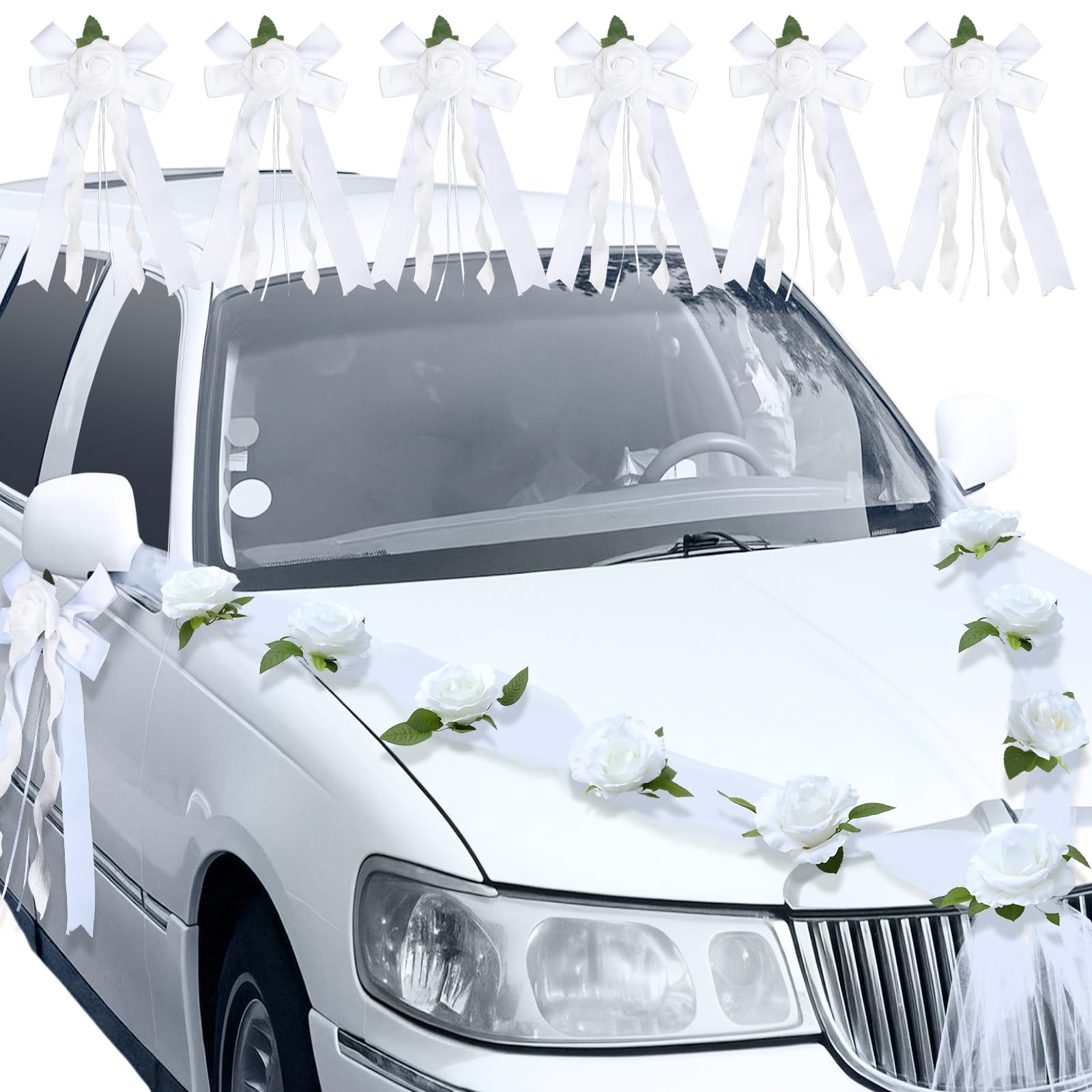 Photo 1 of Suncalla Just Married Car Decorations Wedding Car Door Handle Flowers White Artificial Flowers Bouquet Ribbon Set Elegant Wedding Party Decorations for Vehicle Hood Door Handles and Rearview Mirrors