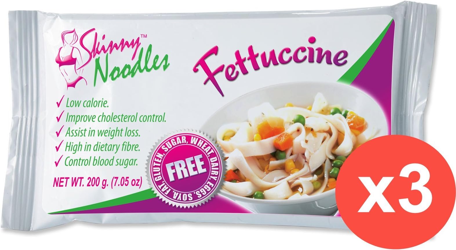Pack of 3 Skinny Noodles Fettuccine 200g, Shirataki, Konjac, Slim, Low Carb