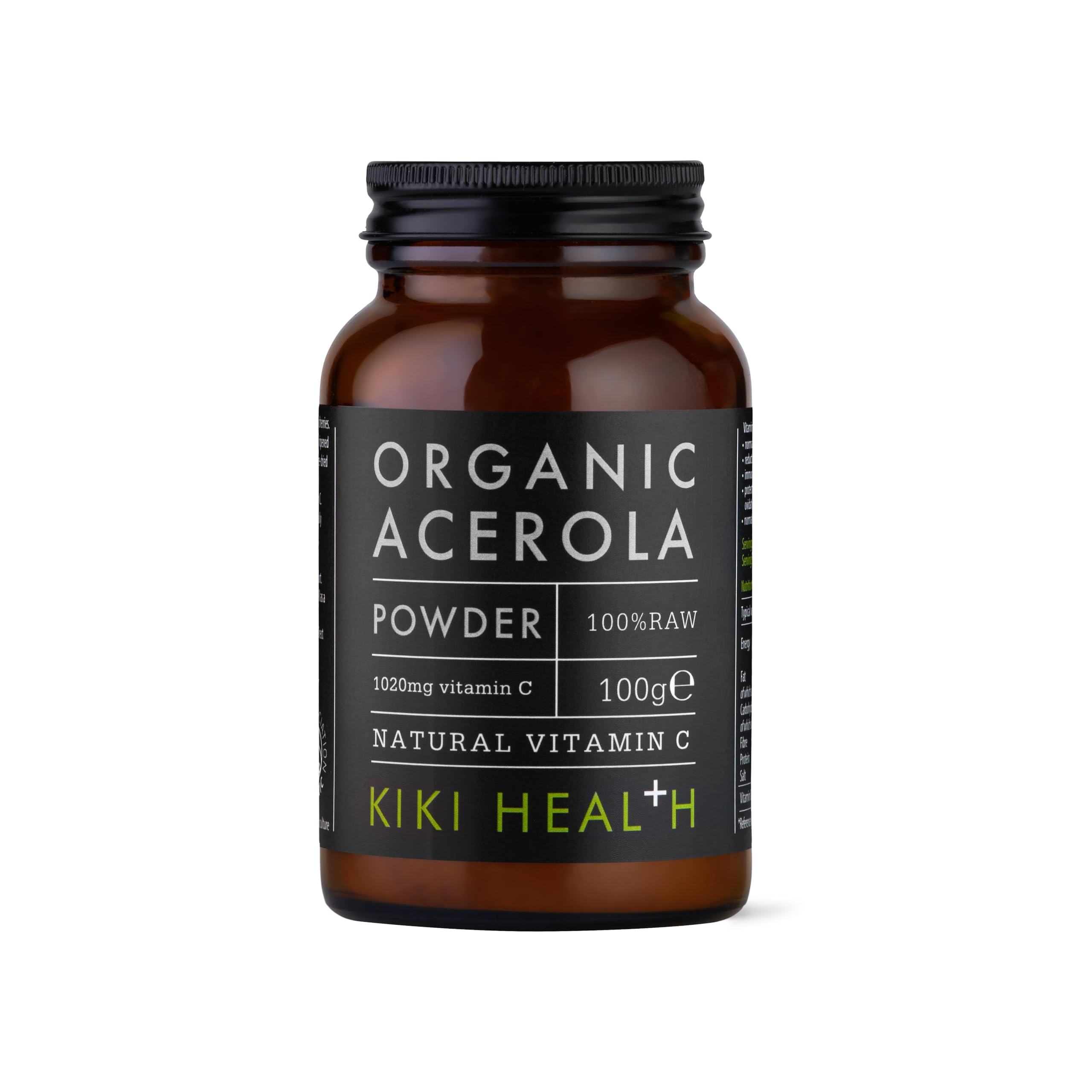 KIKI Health Organic Acerola Powder | High Vitamin C Content, Potent Antioxidant, Immune System Boost, Skin & Bones Support, Versatile & Easy to Use | Barbados Cherry Powder for Natural Wellness -100 g