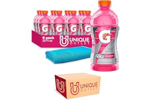 Gatorade 9-Pack of Thirst Quencher Electrolyte Enhanced Sports Drink 28 fl oz Plastic Bottle + 1 Microfiber Cooling Towel by Unique Outlet Brand (28 fl oz, Fierce Strawberry)