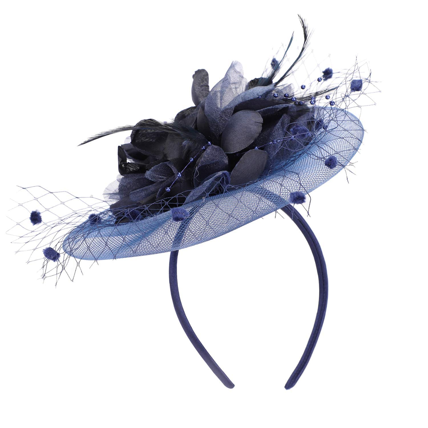 Ladies Fascinator Hat Wedding Veil Headwear Feather Flower Race Derby Ascot Hat Net Veil Hair Accessories for Bridal Church Cocktail Tea Party Banquet Dance