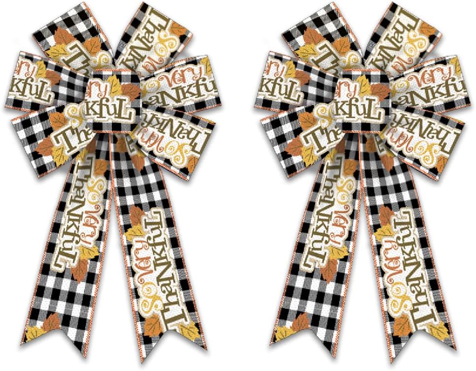 Bows & Ribbons - 2PCS Fall Wreath Bows, Black White Buffalo Plaid Bows for Wreath Farmhouse Bows for Front Door Autumn Maple Leaves Tree Topper Bows for Thanksgiving Home Indoor Outdoor Decor
