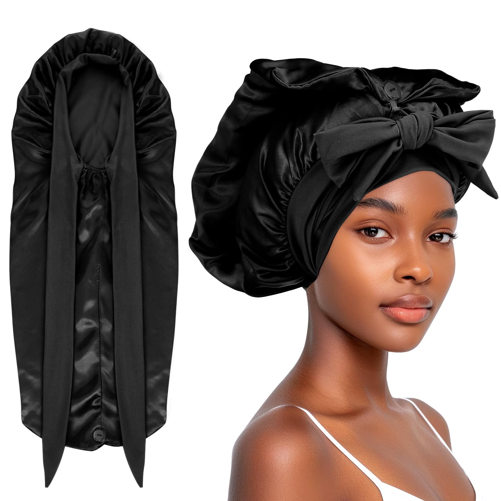 Long Satin Bonnet for Braid, Sleep Cap Silk Hair with Tie and Button, Foldable Sleep Bonnets for Women Long Hair, black, 41-57