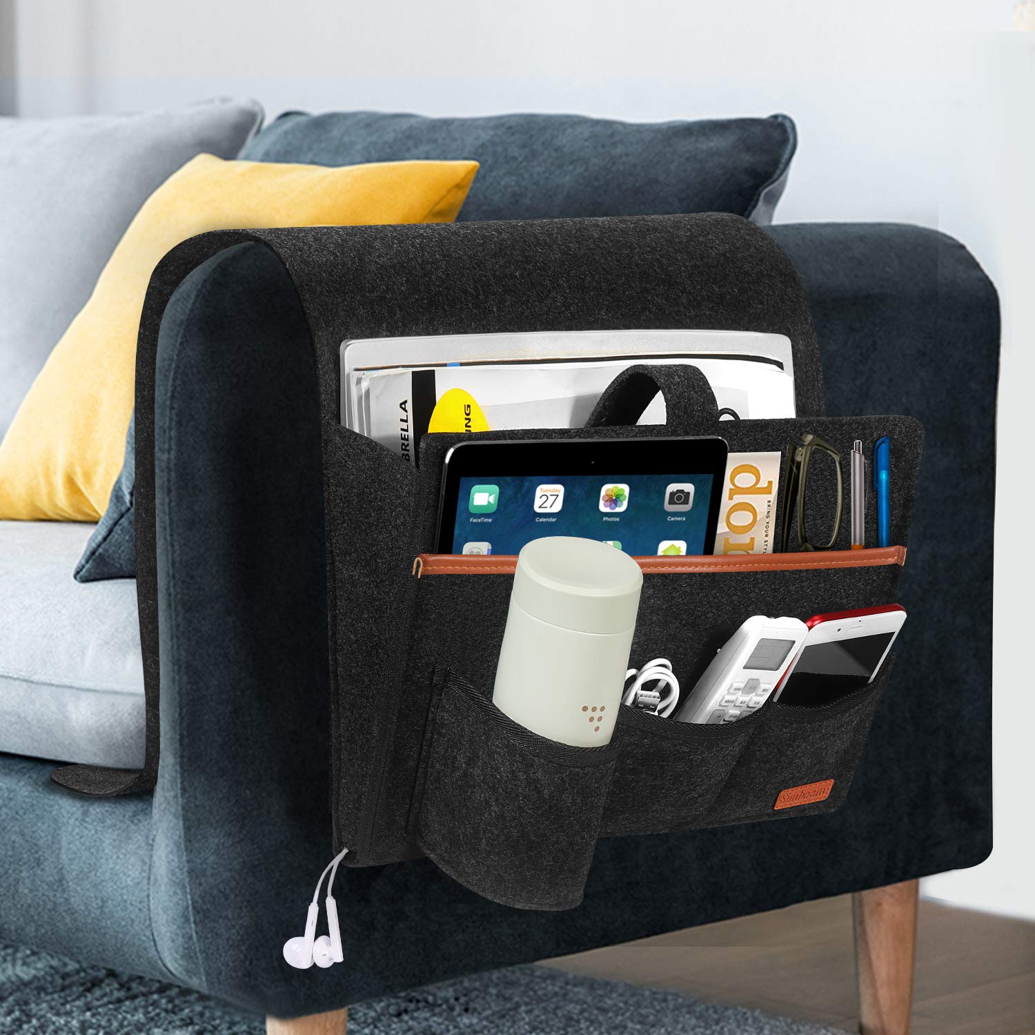 SIMBOOM Sofa Organizer Sofa Armrest Hanging Storage Bag for Magazine Remote Control with Water Bottle Holder, Suitable for Couch Bedside - Dark Grey โ image 1