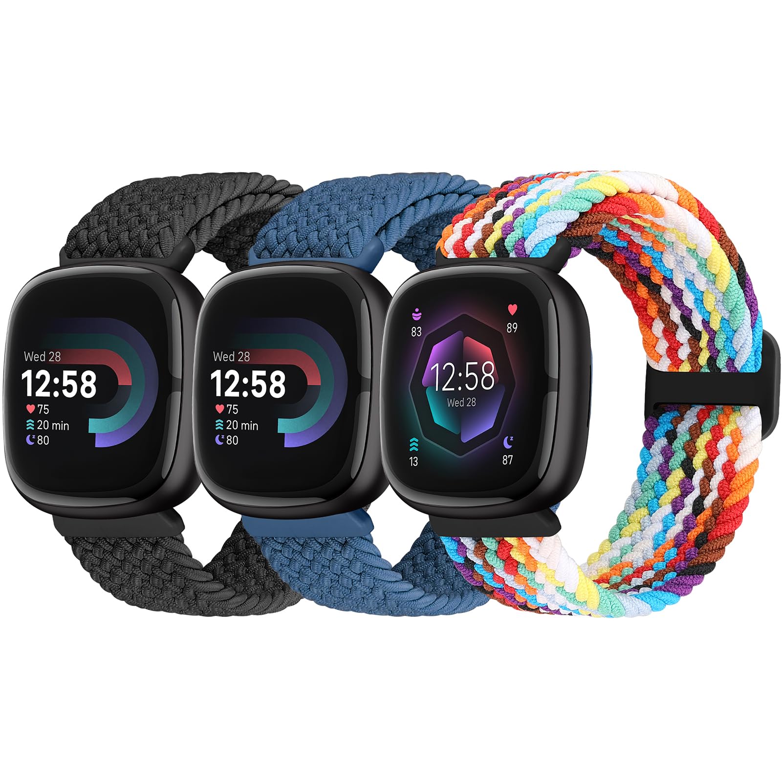 Yunshare Braided Solo Loop Elastic Band Compatible with Fitbit Versa 4/Fitbit Sense 2/Fitbit Versa 3/Fitbit Sense, Stretchy Straps Nylon Sport Wristband for Women Men, 3 Packs — image 1