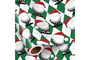 RUSPEPA Christmas Golf Wrapping Paper Roll, Mini Roll, Golf Ball with Santa Hat Design, Green Argyle Sports Gift Wrap for Hol