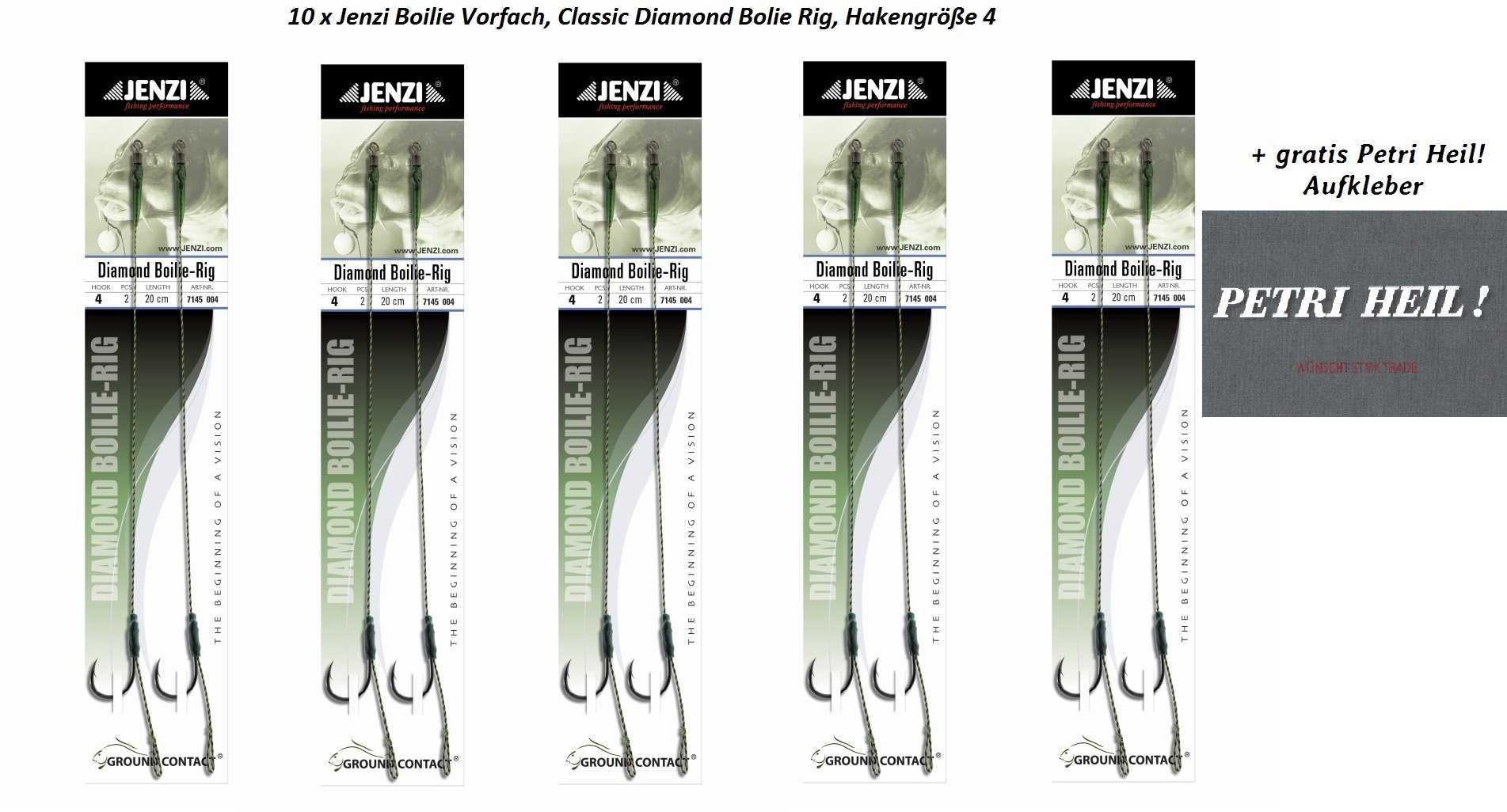 Jenzi Pack of 10 Boilie Rigs Diamond Classic for Carp Fishing, Hook Size 4, Includes Boilie Stopper + Free Petri Heil Sticker