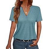 NORACORA Women's V Neck Short Sleeve T Shirt Summer Casual Tops Loose Fit Basic Blouses Trendy Fashion for Work Daily Wear