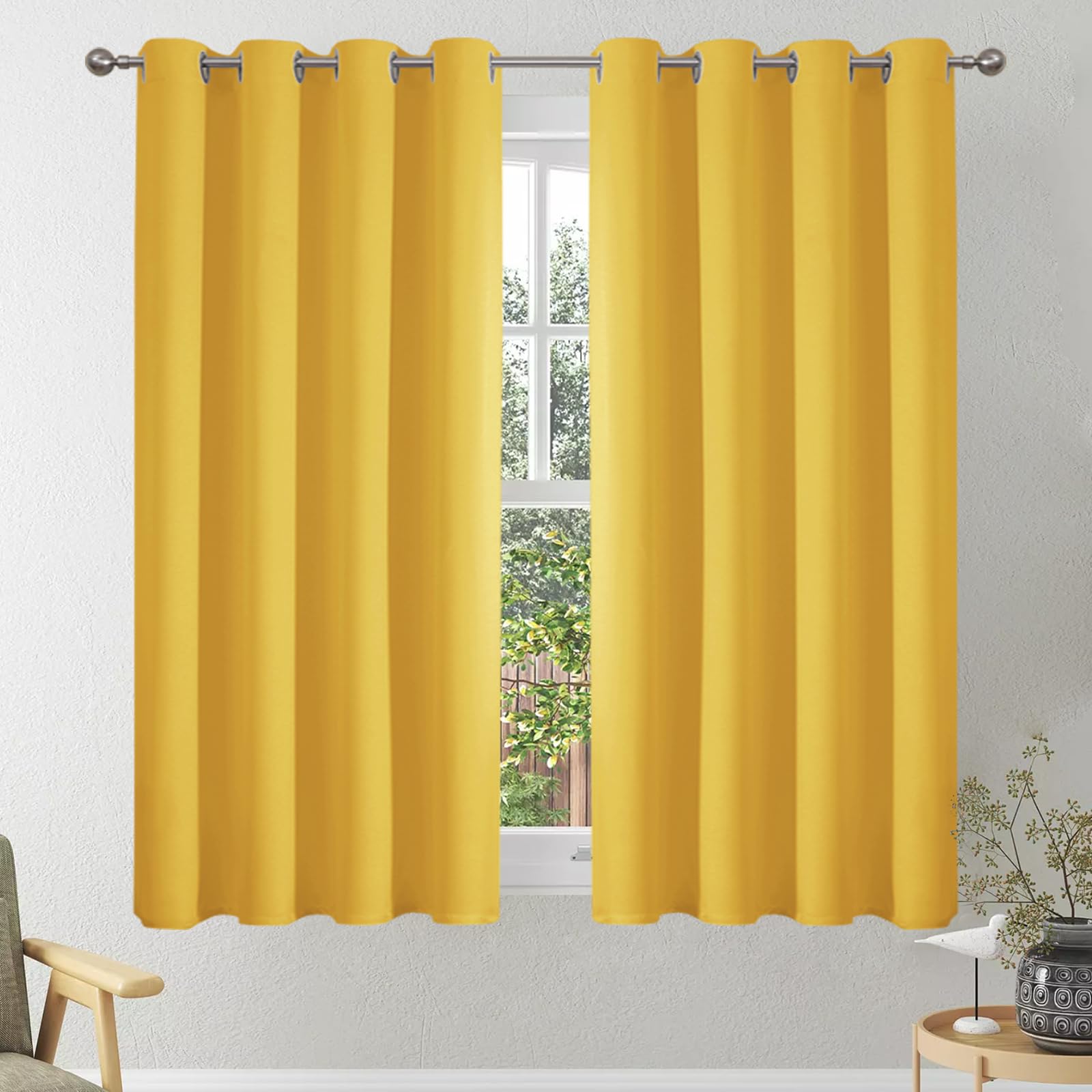 VEHEDE Blackout Curtains for Small Window, Thermal Insulated Bedroom Curtains 2 Drapes,Soft Living Room Short Curtain, Noise Reducing Curtain, W46 x L54 Inch, Mellow Yellow, 2 Panels