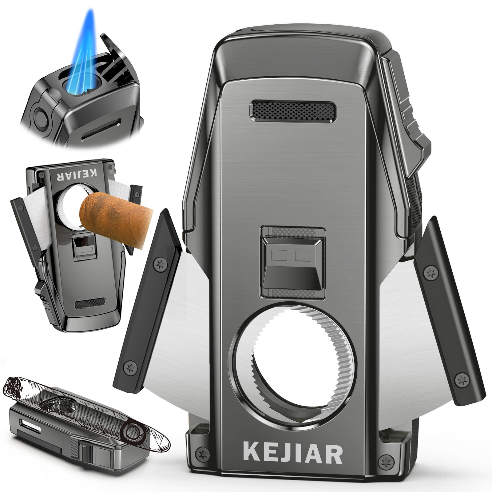 Photo 1 of KEJIAR Cigar Lighter, Double Jet Torch Lighter, Built-in Punch, Double Edge Cigar Cutter and Holder, Refillable Butane Lighter, Ideal Cigar Accessories for Men Gift (Grey)
