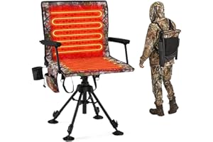 JFHID Heated Swivel Hunting Blind Chair, 360° Silent Rotation, Detachable Camo Seat Cover, Adjustable Height, Legs, Mesh Backrest, Armrests, Duck Feet, Ground Deer Dove Turkey Camping, 330 lb Capacity
