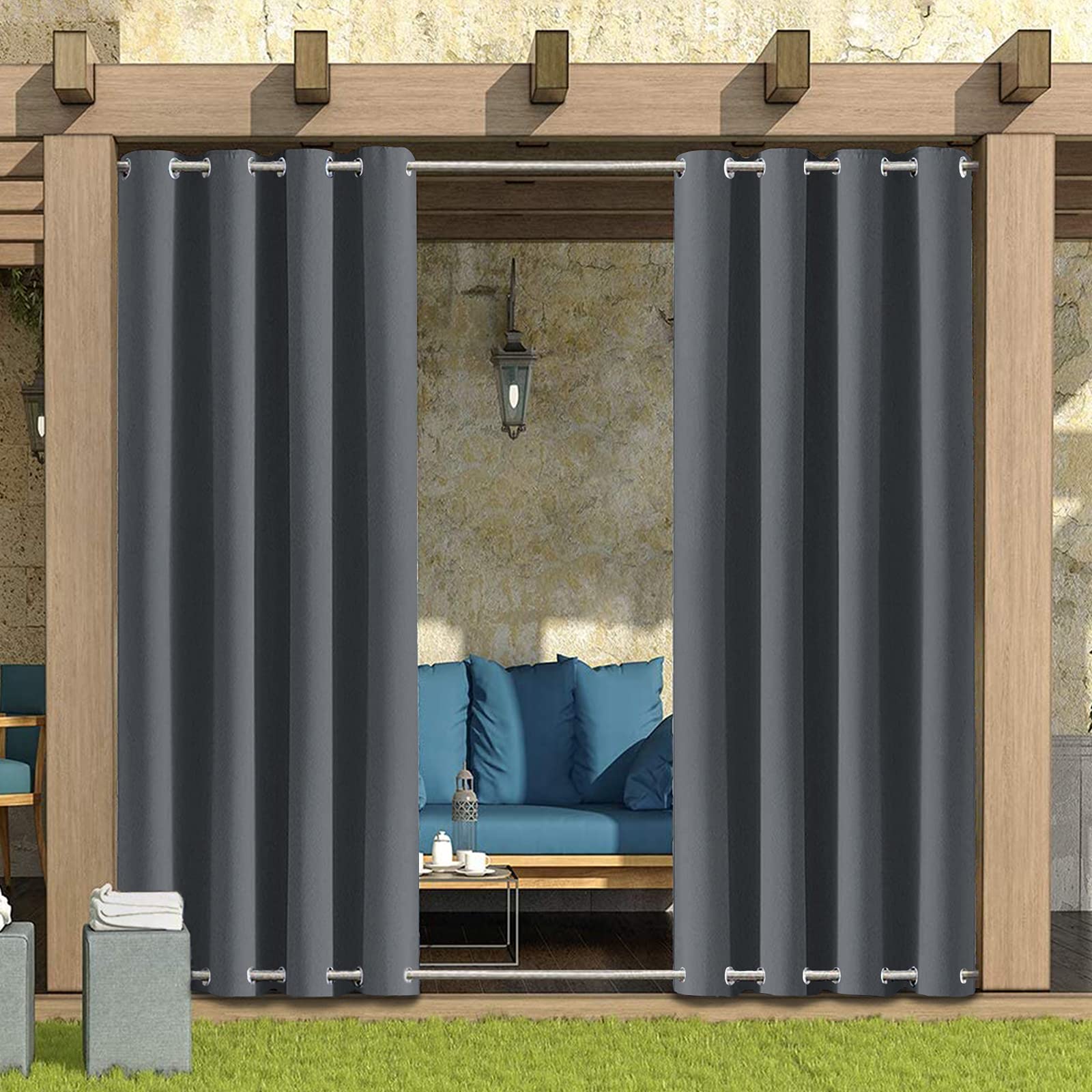 Gazebo Patio Outdoor Curtains Waterproof - Garden Blackout Thermal Insulated Sun Shades Eyelet Privacy Curtain for Outside Pergola Porch Pool, Indoor Window Blinds for Living Room Bedroom Balcony