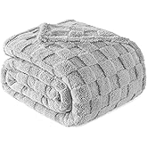 Exclusivo Mezcla Queen Size Flannel Fleece Blanket, Super Soft and Warm Lightweight Checkered Pattern Blankets for All Seasons, 90x90 Inches, Light Grey