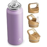 40 oz Insulated Water Bottle for Workout: 3 Lids, Leakproof, Keep Ice 24H and Hot 12H, Double Wall, Large Metal Water Flask with Handle for Camping, Hiking, Climbing, Travel, Outdoors (Vintage Lilac)
