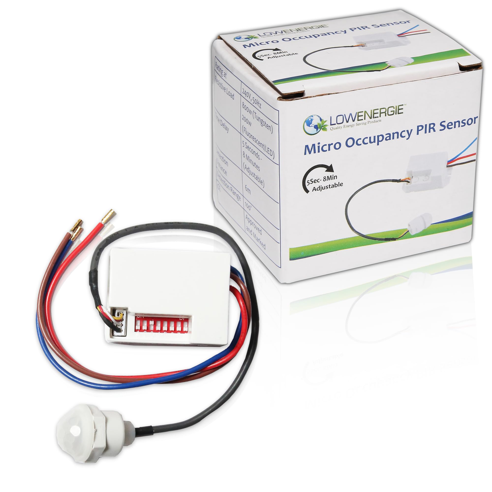 Lowenergie Mini PIR Motion Detector Light Switch – Micro Ceiling Occupancy Sensor, Automatic On/Off, Adjustable Timer & Sensitivity, Energy Saving for Hallways, Bathrooms, Utility Rooms & More