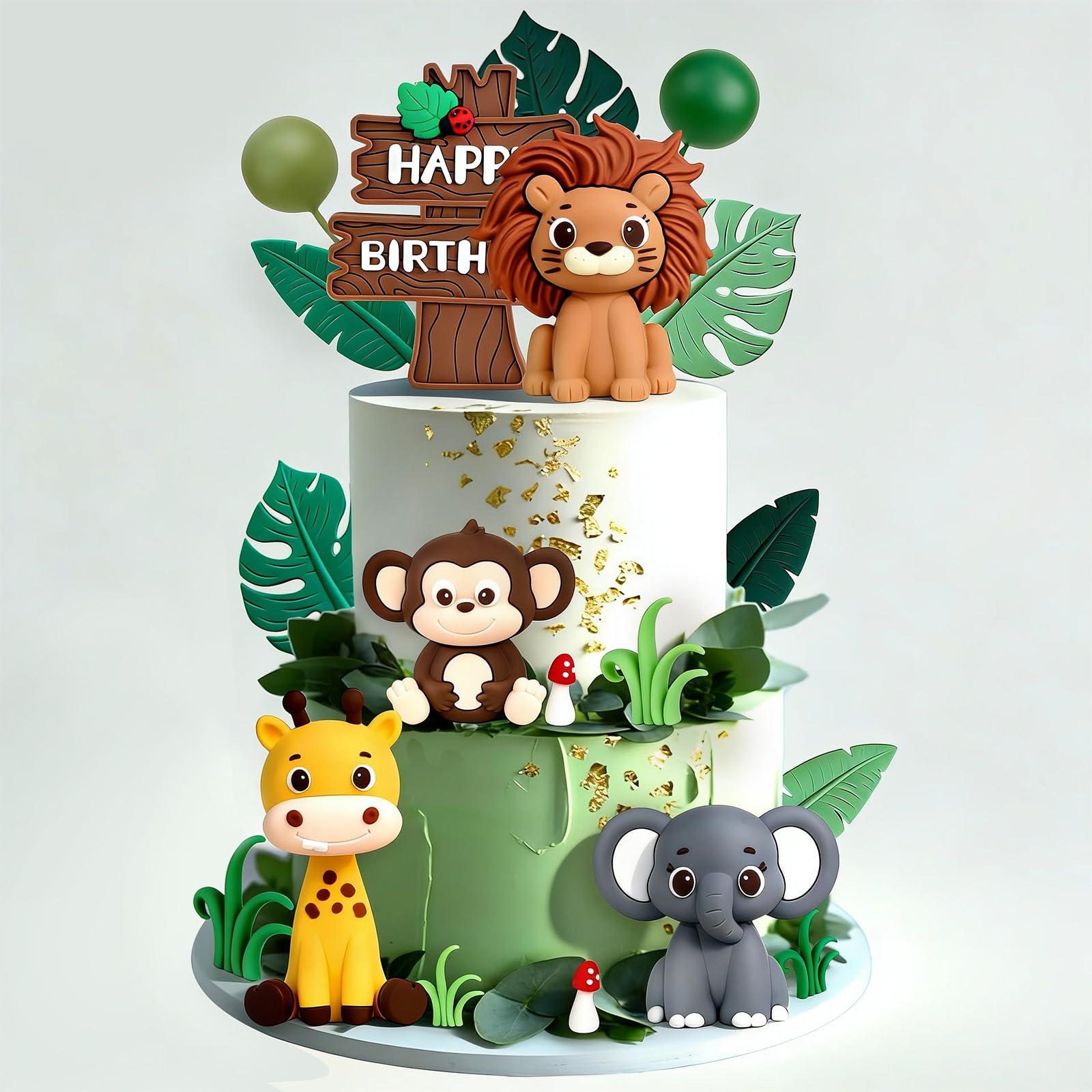 Photo 1 of 23pcs Safari Animal Cake Topper, Jungle Wild Animals Cake Toppers Safari Baby Shower Cake Decoration with Leaves Balls Monkey Giraffe Lion Elephant Figurines for Jungle Animals Theme Party Decorations