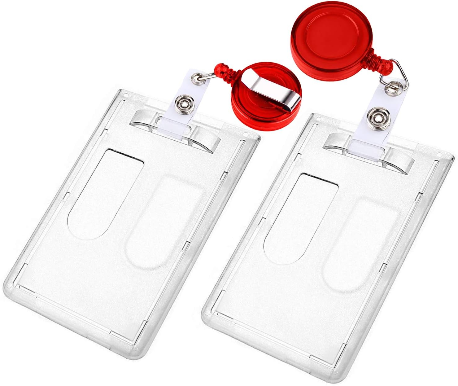 10 Pack Heavy Duty ID Badge Holder with 10 Pack Badge Holder Clip by Elimoons, Hard Plastic Clear Holder with Thumb Slots - Holds 2 Card : Office Products