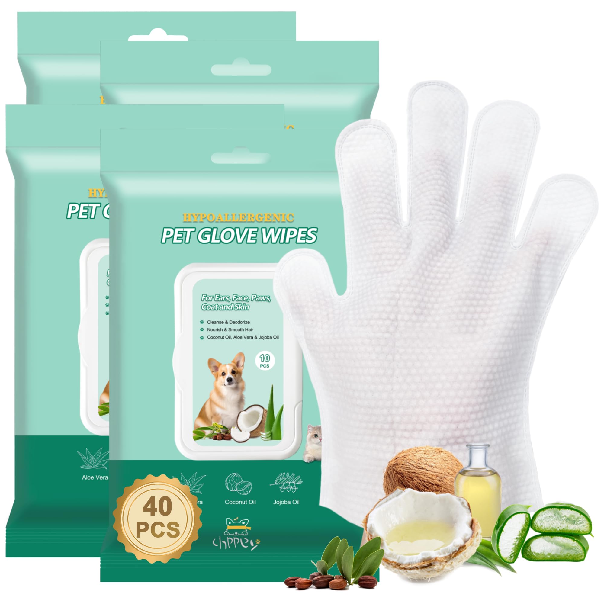 Photo 1 of CHPPEY 40 PCS Pet Cleaning and Deodorizing Bathing Grooming Glove Wipes for Dogs and Cats, Extra Thick Nourish Fur No-Rinse Grooming Wipes for Daily Care and Travel, Hypoallergenic