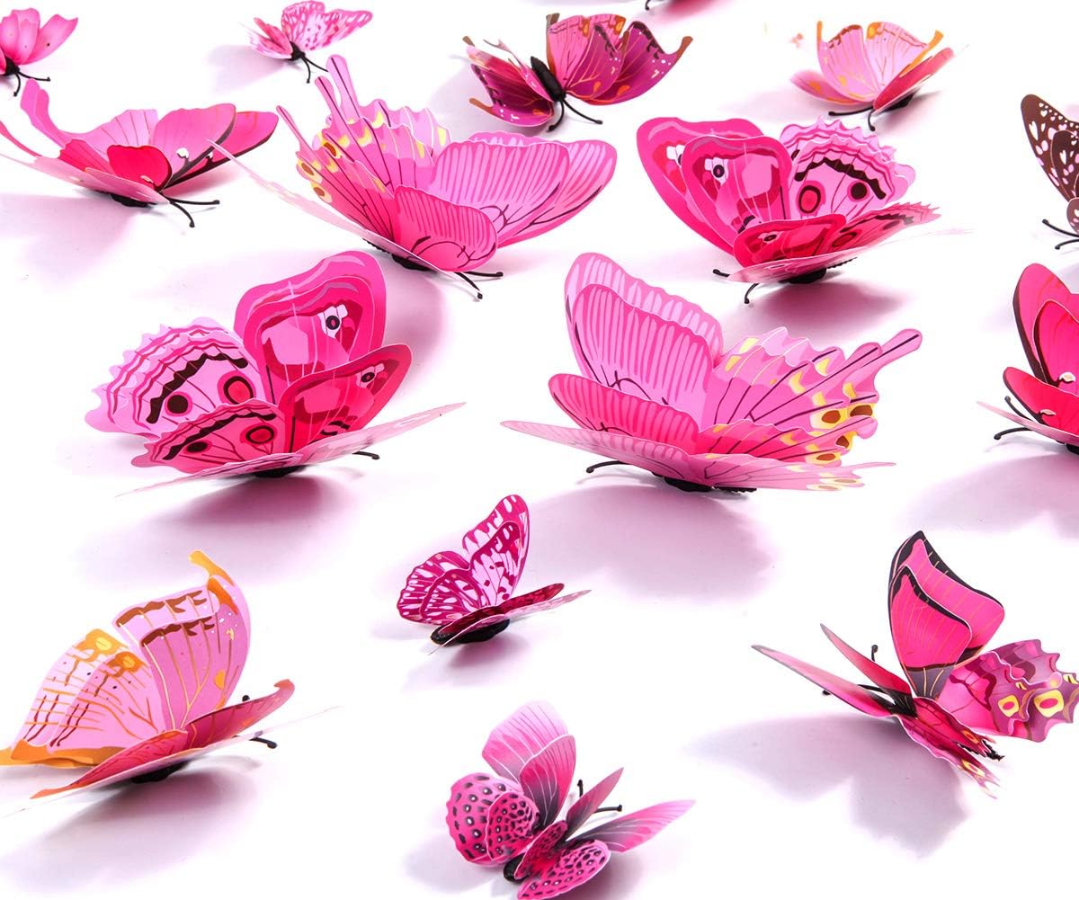 Butterfly Wall Decals 24Pcs 3D Butterflies Stickers Removable Mural Decor for Kids Room Bedroom Decor Living Room Decor (Pink)