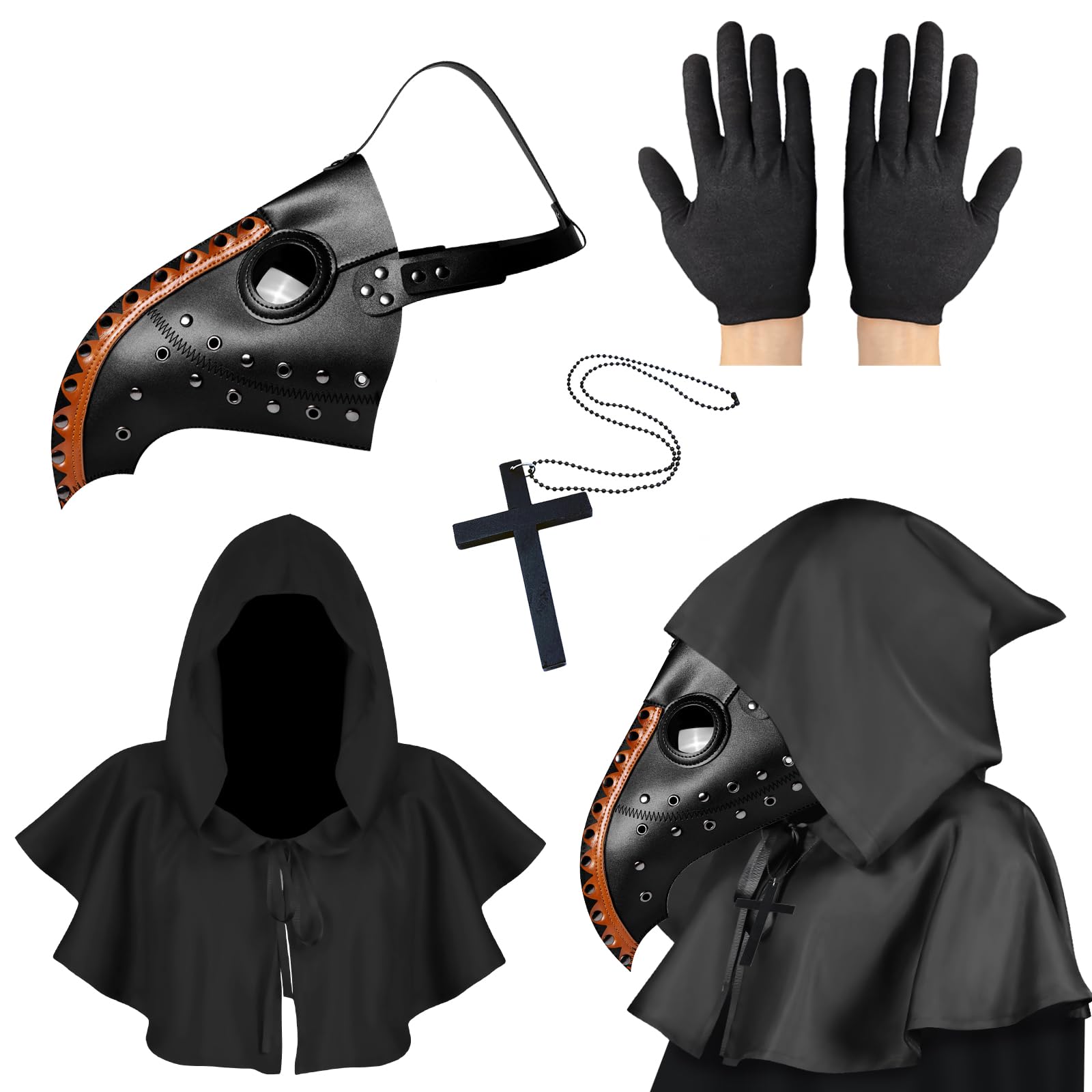 Lifreer Plague Doctor Mask - Steampunk Bird Mask Costume for Adults, Black & Orange with Gloves & Hooded Cloak Cape for Gothic Halloween