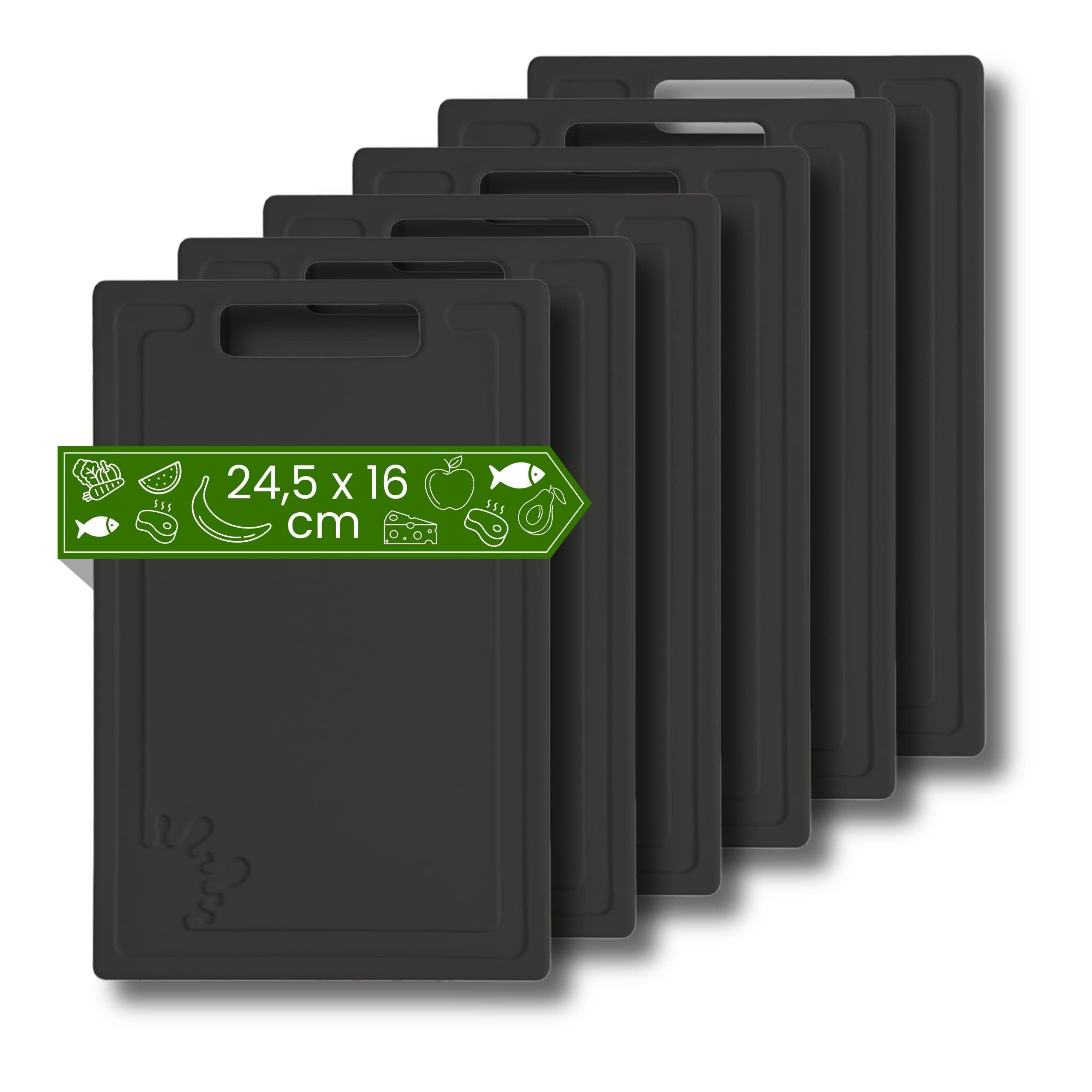 Plastic Breakfast Boards (Set of 6 Black - 24.5 x 16 cm Small) - Boards Dishwasher Safe - Breakfast Boards - Small Chopping Board with Non-Slip and Juice Groove