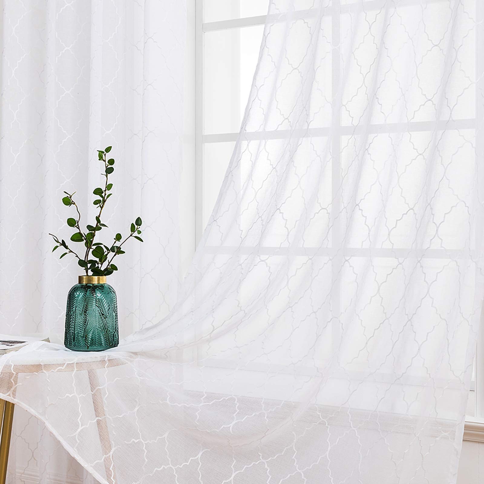 MIULEE Sheer Voile Moroccan Style Elegance Embroidery Transparent Window Curtains Draperies for Bedroom Eyelet Top for Living Room Nursery 2 Panels 55" Wx96 L Morocco White