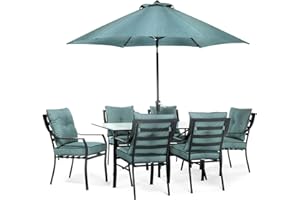 Hanover 7-Piece Lavallette Steel Outdoor Patio Set with Ocean Blue Cushions, 6 Chairs, Tempered Glass Rectangular Dining Table, Umbrella