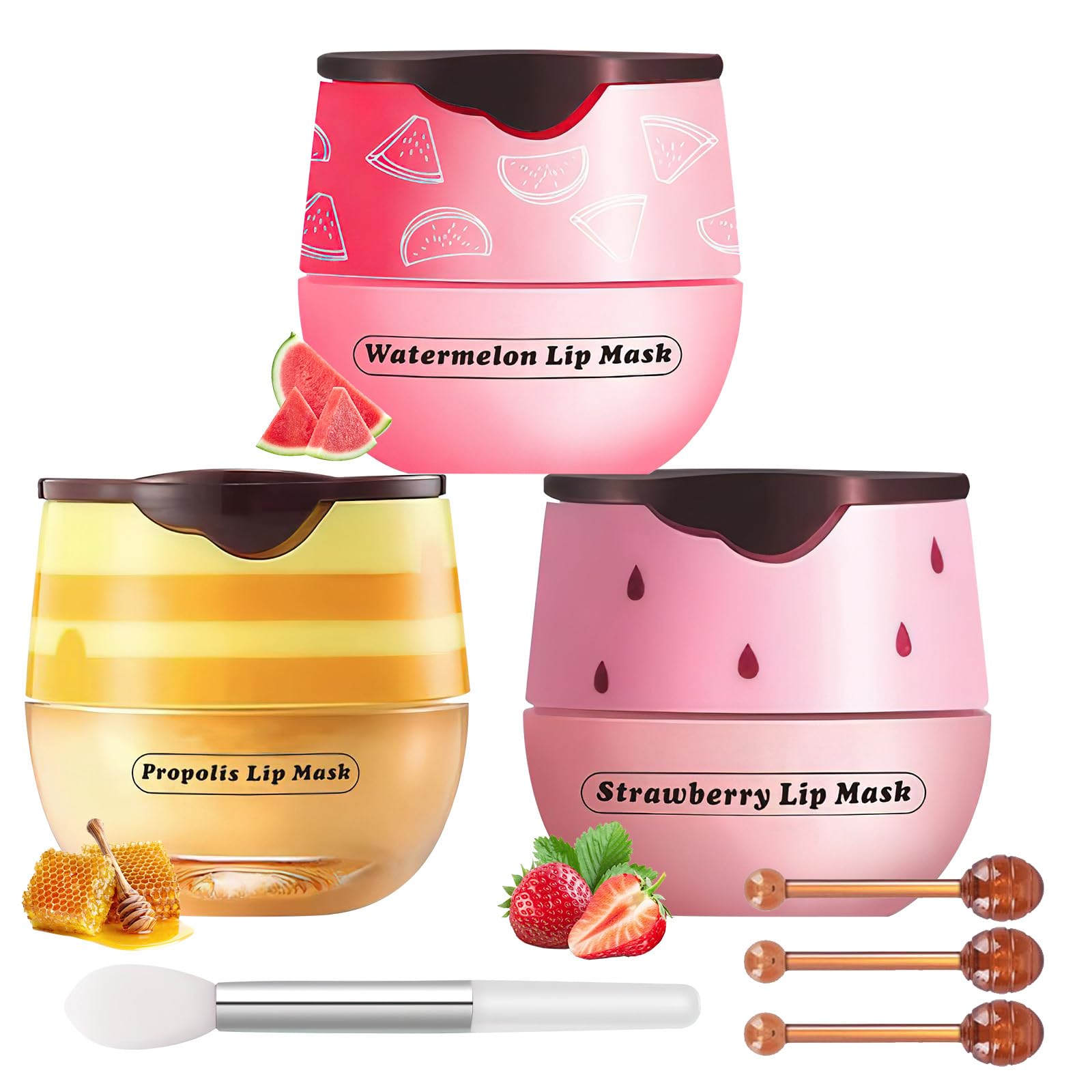 XdealCozyxc 3PCS UK Bee balm Lip Balm, Honey Strawberry Watermelon Lip Mask, Moisturizing & Hydrate Repair Prevent Dry Cracked Lip Care