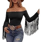 Funnysoft Women Fringe Top Western Off Shoulder Cowgirl Shirt Fitted Long Sleeve Tassels Top Country Concert Festival Outfit