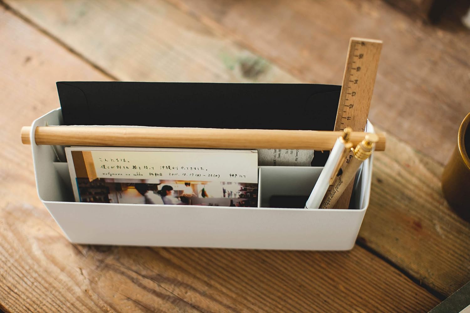 Yamazaki 4152 TOSCA Pen & Letter Stand, white, Steel/Wood, Minimalist, 27 x 8.5 x 13.5 cm - Image 4